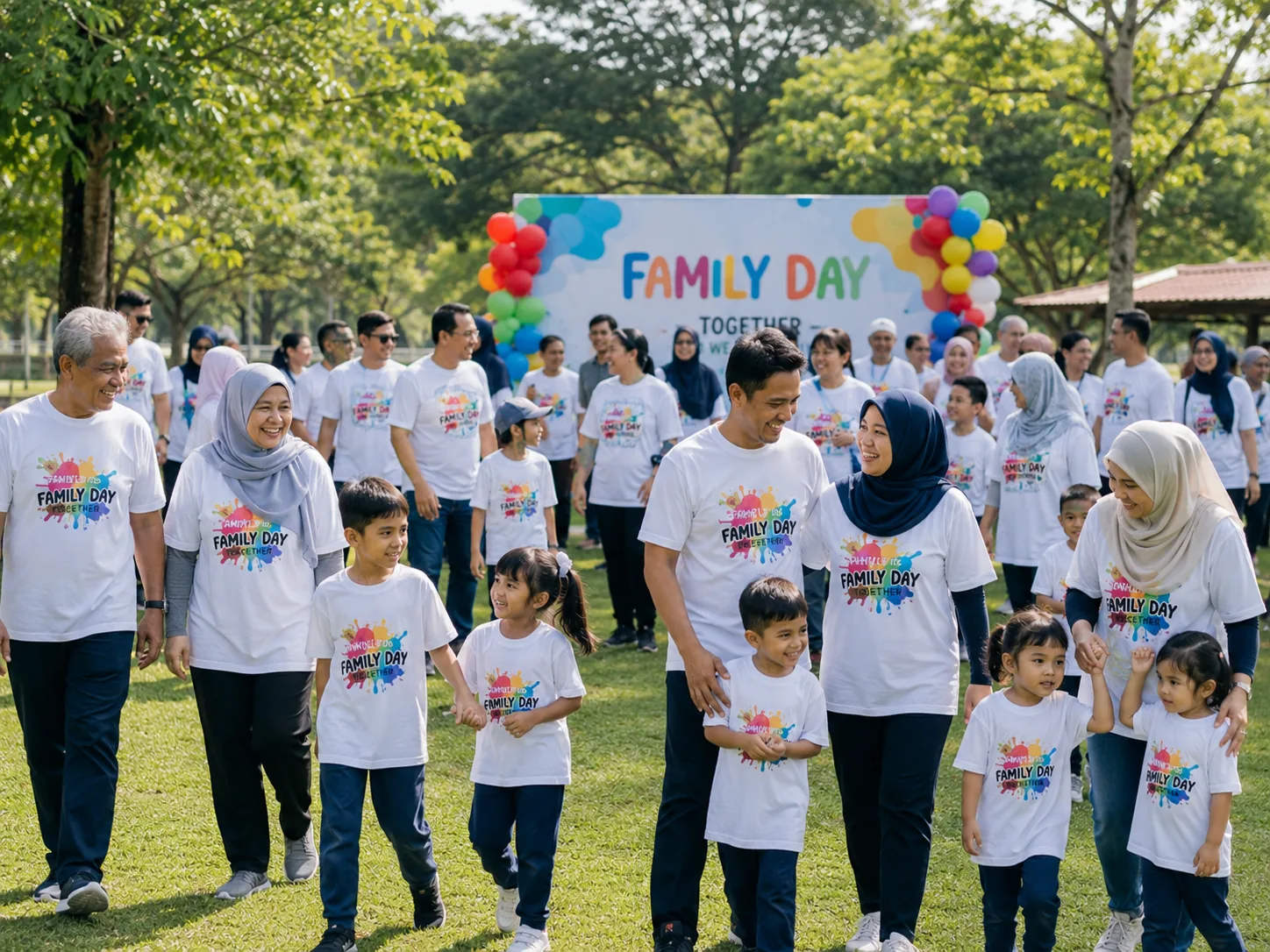 Keluarga memakai baju Family Day custom di acara luar