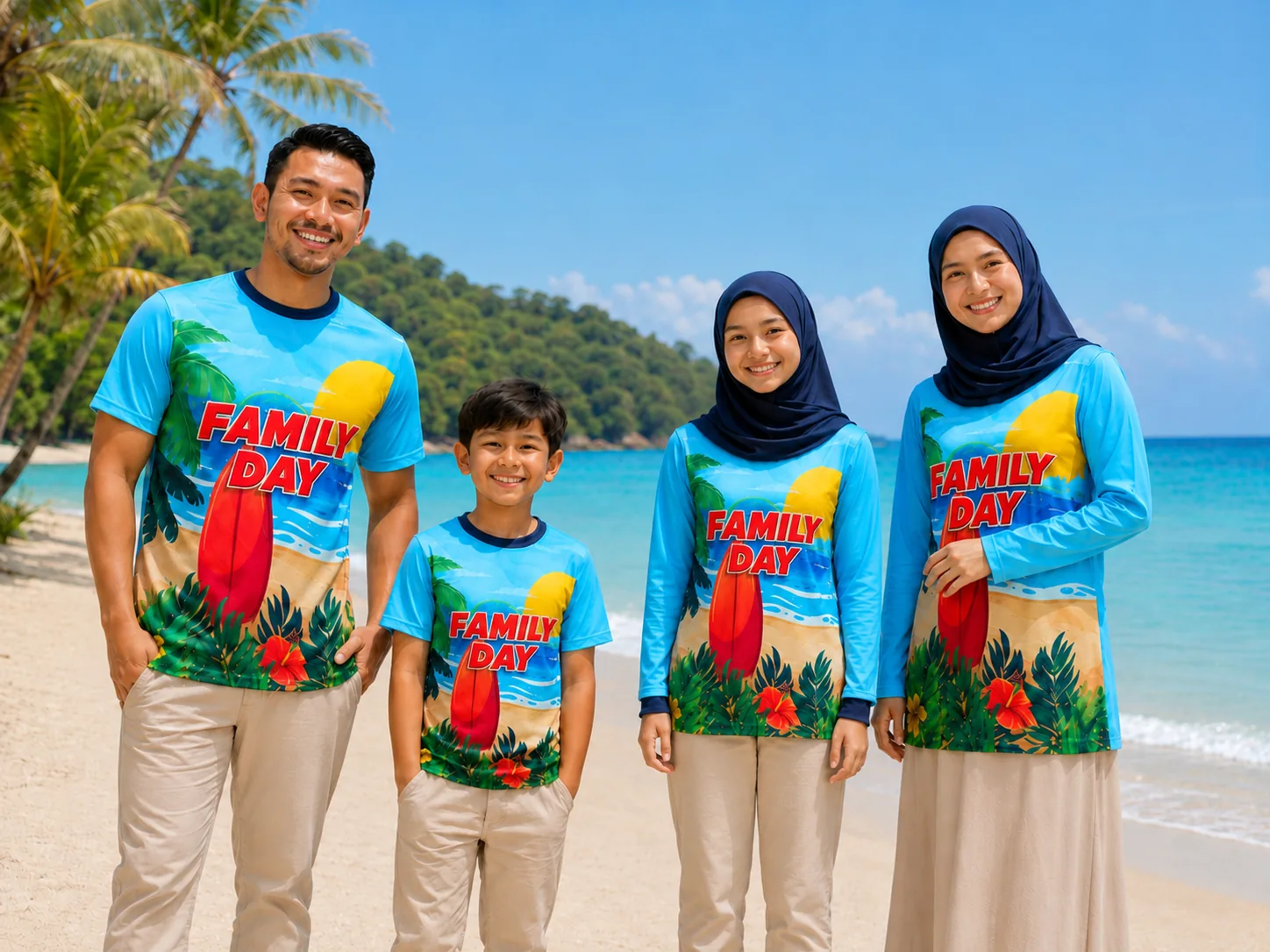 Contoh design baju Family Day tema pantai