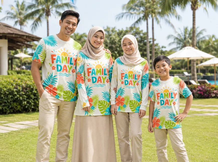 Contoh design baju Family Day tropical putih